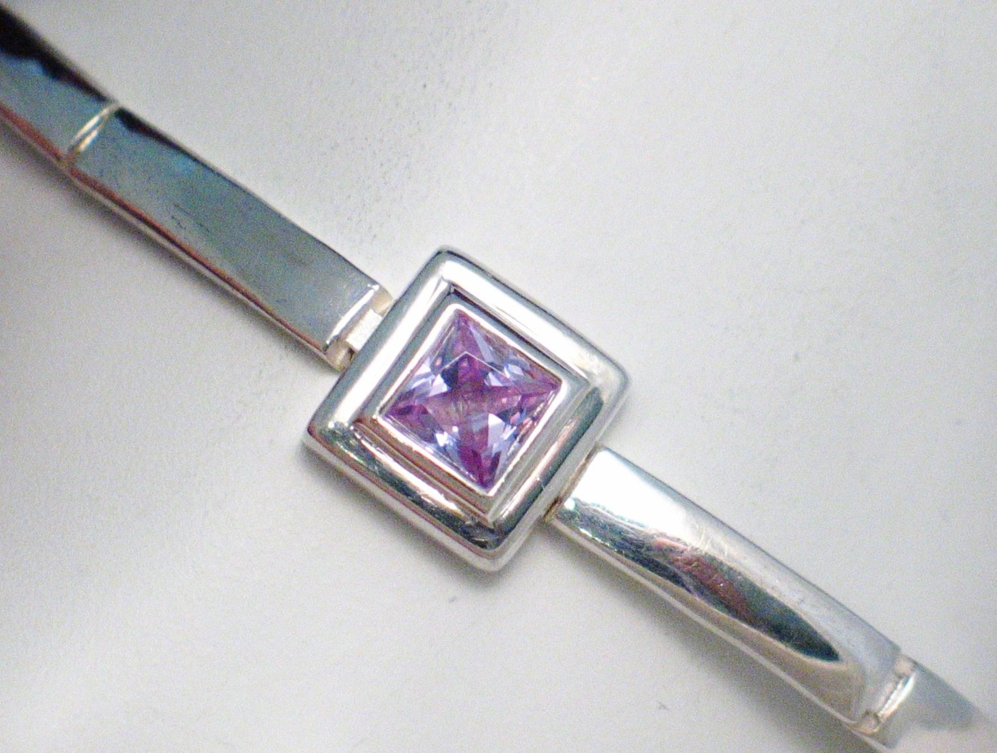 Sterling Silver Bracelet, 7.5" Pre-owned Purple CZ Single Square Stone Tennis Bracelet