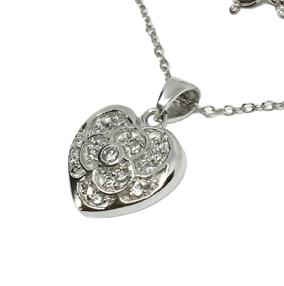 Jewelry - Womens Sterling Silver Romantic Cz Pansy Flower Heart Pendant Necklace - Blingschlingers.com USA