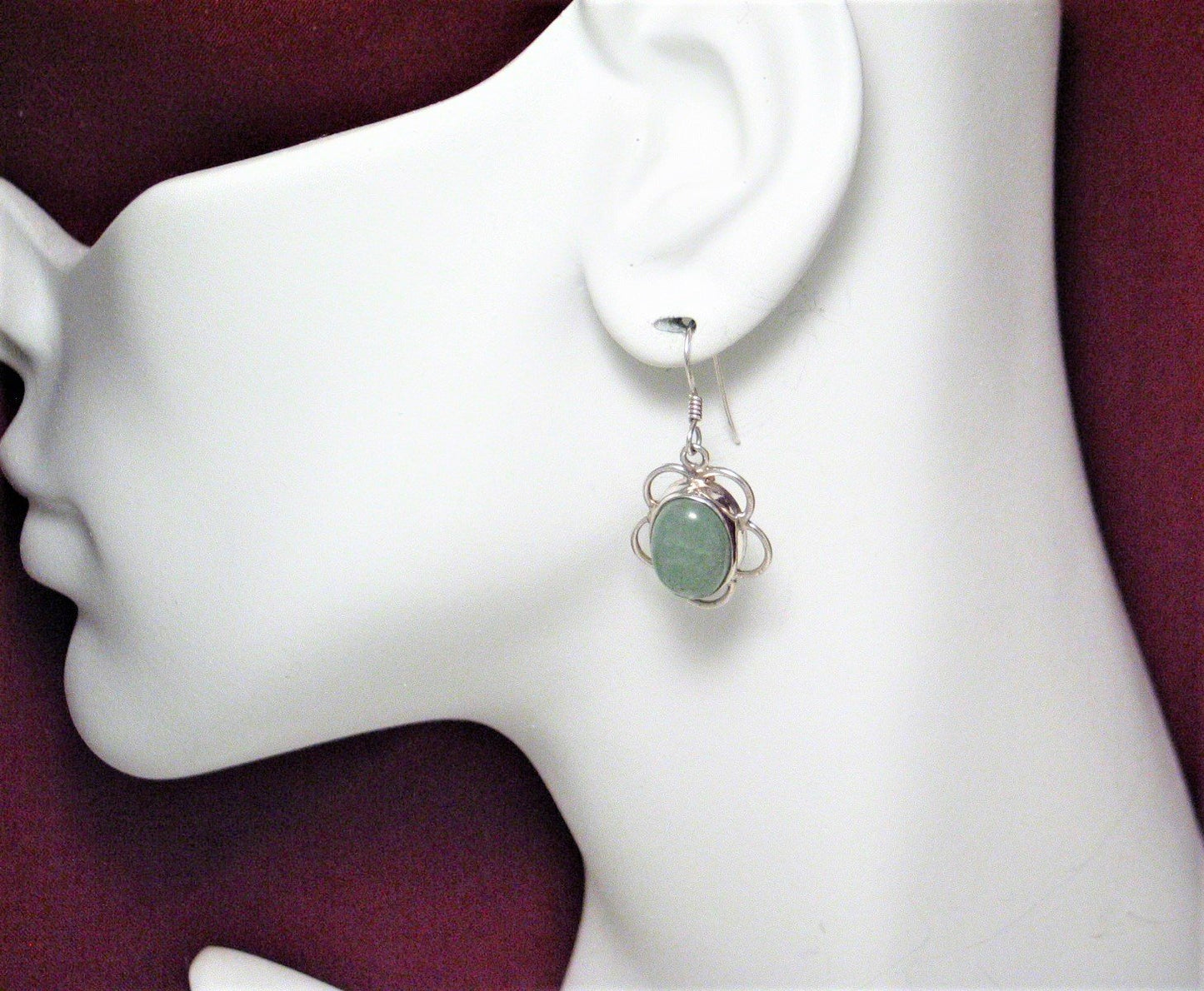 Dangle Earrings, Oval Frosty Sage Aventurine Stone Flower Design Sterling Silver Earrings