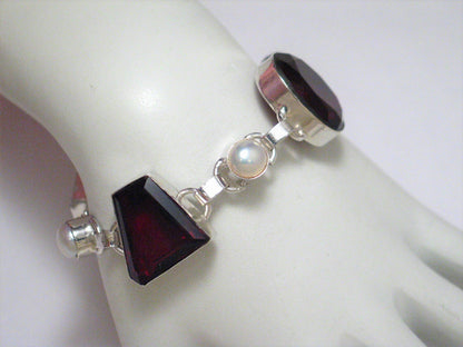 Sterling Silver Bracelet, 8in Preowned Big Chunky White Red Stone 925 Silver Bracelet