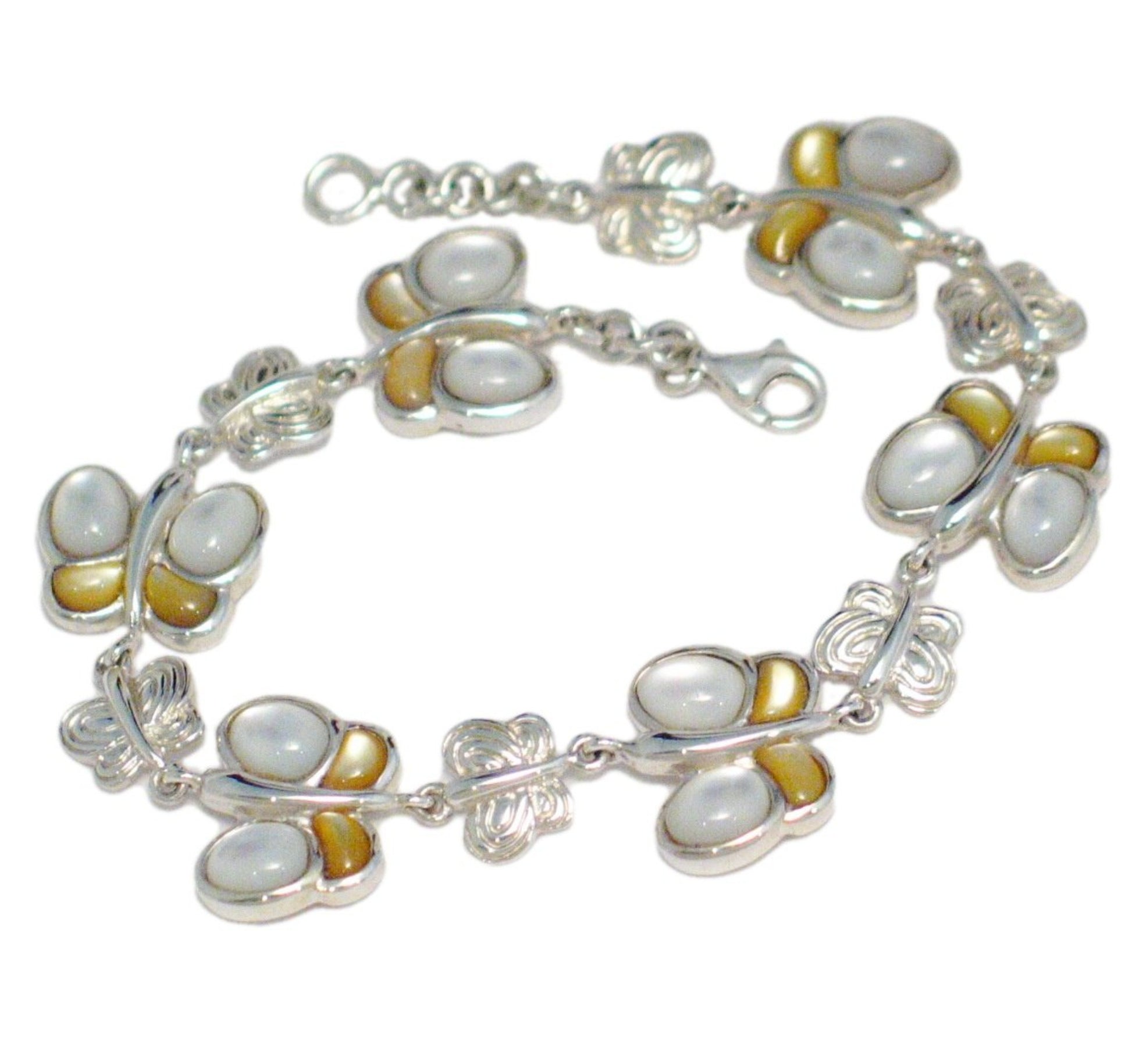 Sterling Silver Bracelet, 7.5" Golden and White Mother of Pearl Stone Butterfly Bracelet