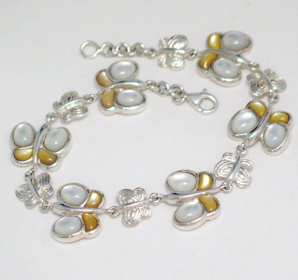 Low Cost Overstock Jewelry | 7.5" Sterling Silver Mother of Pearl Stone Butterfly Bracelet Women- Blingschlingers Jewelry