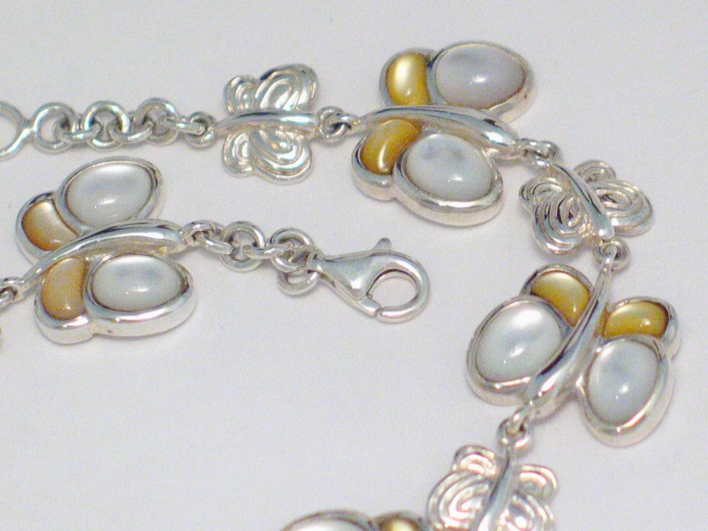 Sterling Silver Bracelet, 7.5" Golden and White Mother of Pearl Stone Butterfly Bracelet - Blingschlingers Jewelry