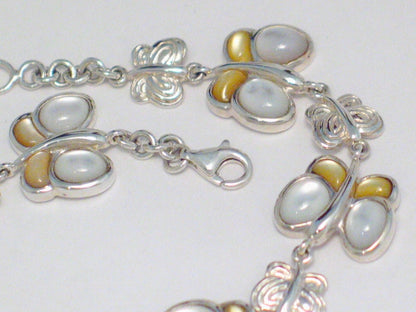 Sterling Silver Bracelet, 7.5" Golden and White Mother of Pearl Stone Butterfly Bracelet - Blingschlingers Jewelry