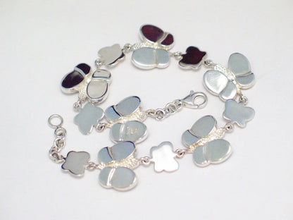 Sterling Silver Bracelet, 7.5" Golden and White Mother of Pearl Stone Butterfly Bracelet