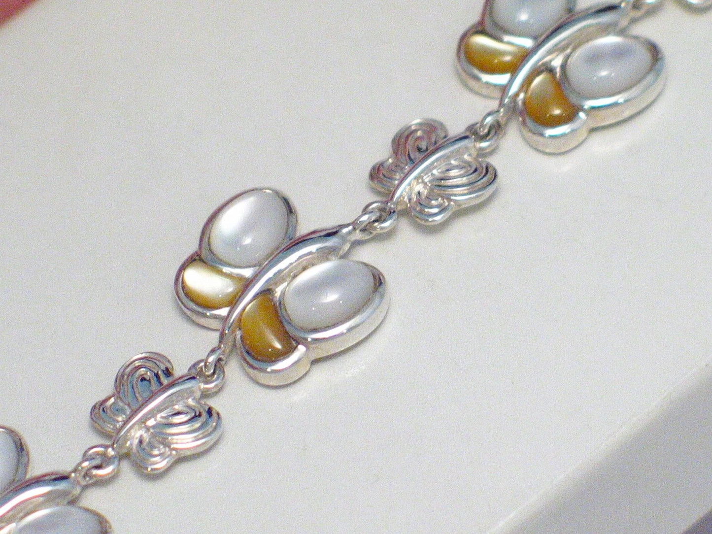 Sterling Silver Bracelet, 7.5" Golden and White Mother of Pearl Stone Butterfly Bracelet - Blingschlingers Jewelry