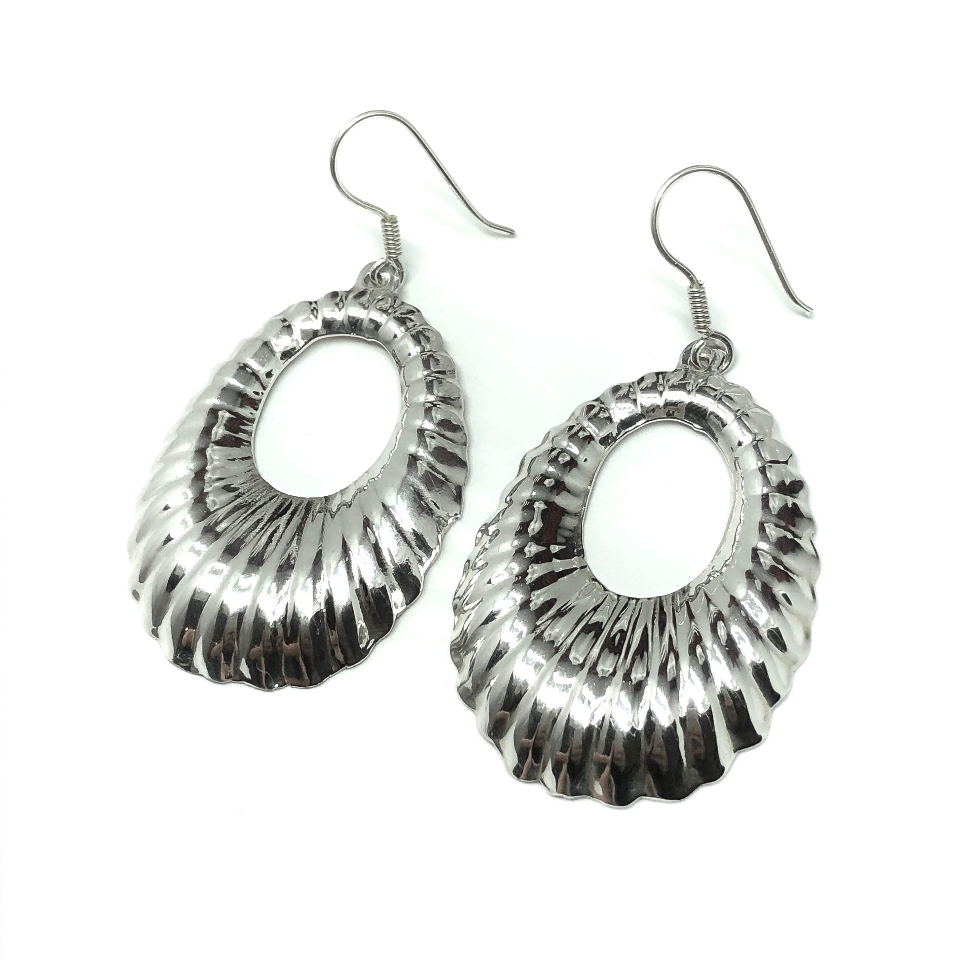 Big Sterling Silver Earrings, Vintage Fancy Stylish Oval Hoop