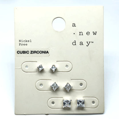 Fashion Jewelry | 3prs Silver Sparkly Graduating Square Cz Stud Earrings - Blingschlingers Jewelry USA