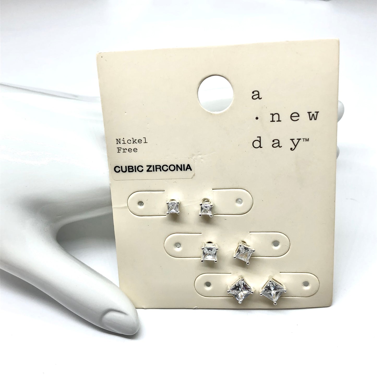 Fashion Jewelry | 3prs Silver Sparkly Graduating Square Cz Stud Earrings 