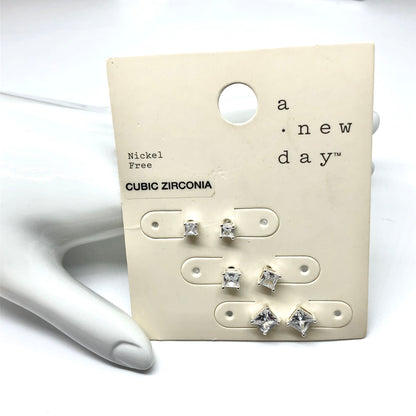 Fashion Jewelry | 3prs Silver Sparkly Graduating Square Cz Stud Earrings 