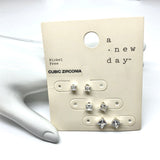 Fashion Jewelry | 3prs Silver Sparkly Graduating Square Cz Stud Earrings 