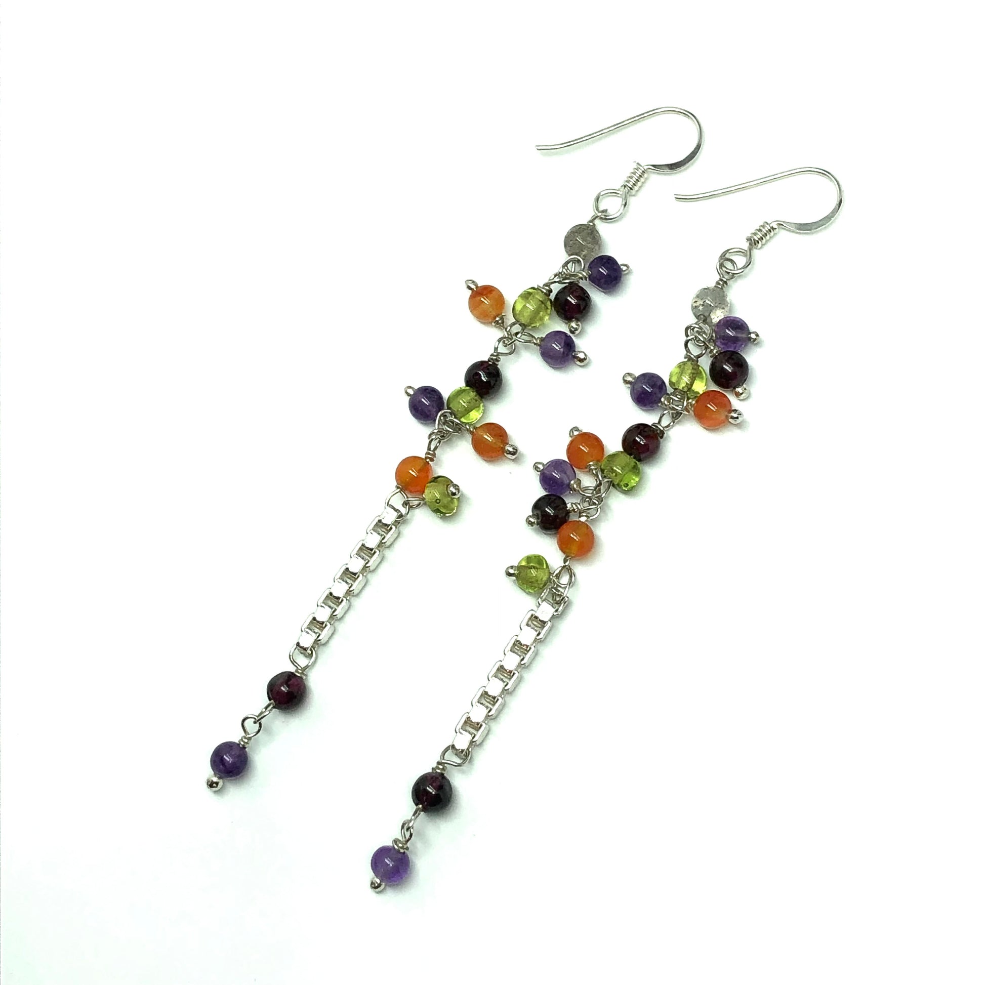 Long Sterling Silver Beaded Gem Dangle Earrings - Blingschlingers.com USA