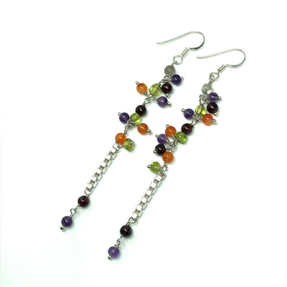 Long Sterling Silver Beaded Gem Dangle Earrings - Blingschlingers.com USA