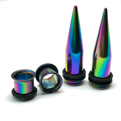 Body Jewelry > Earrings  | 0g / 8mm Gauges Rainbow Oil Slick Style Stainless Steel Tapers Ear Plug set
