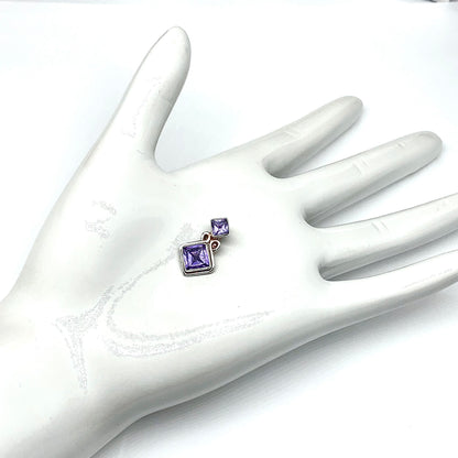 Jewelry | Pendant - Sterling Silver Diagonal Square Design Purple Cz 2 Stone Pendant 