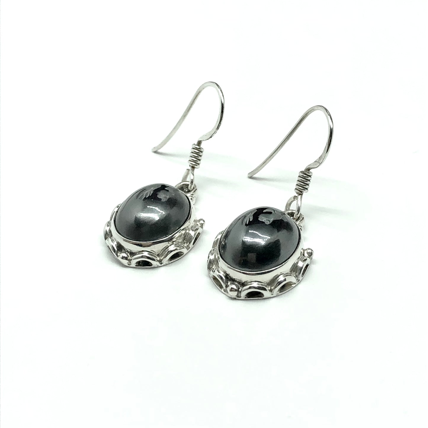 Jewelry USA - 925 Sterling Silver Black Metallic Sheen Hematite Stone Dangle Earrings