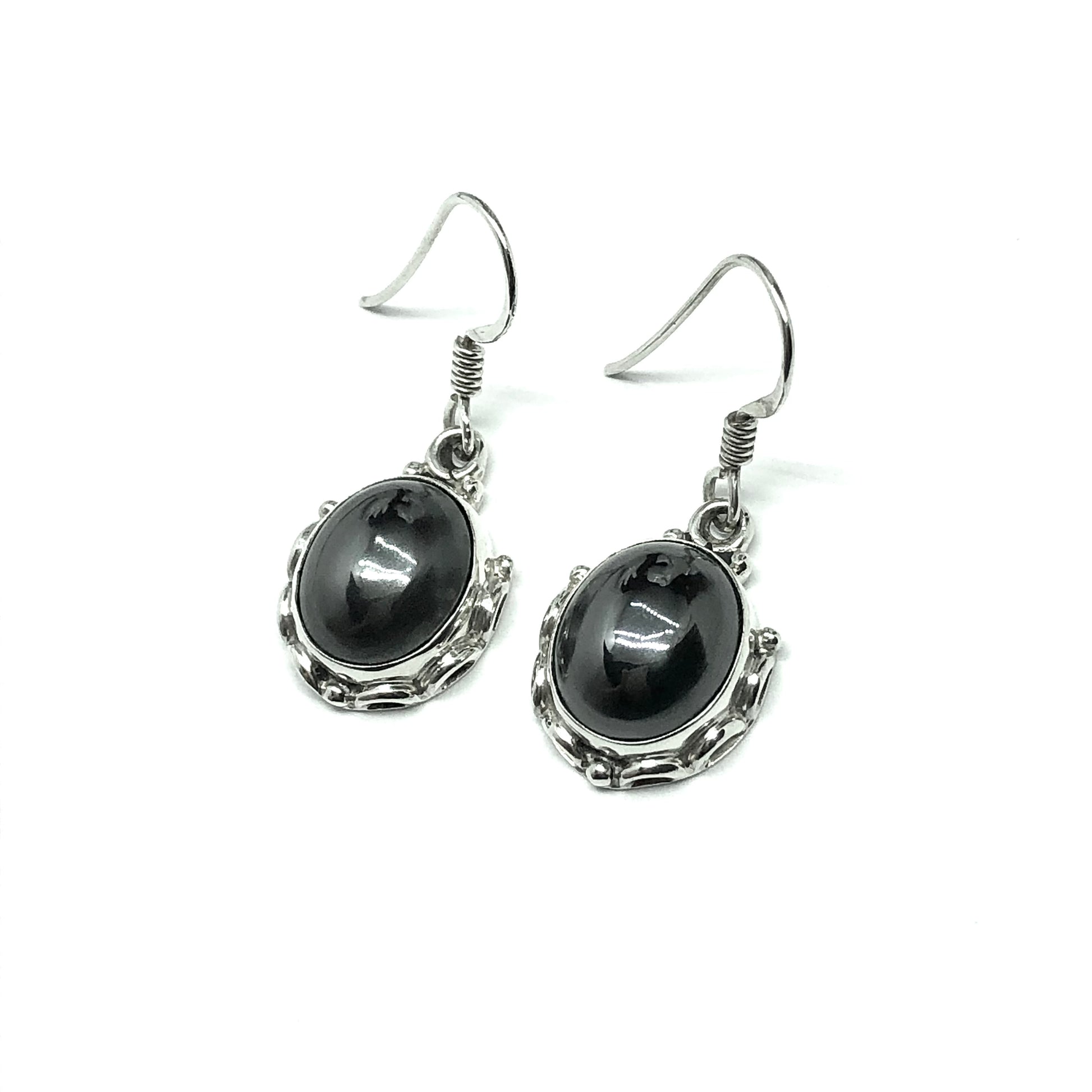 Jewelry - 925 Sterling Silver Black Metallic Sheen Hematite Stone Dangle Earrings - USA