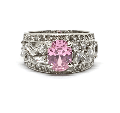 Beautiful Sterling Silver Gemstone Ring, Elegant Sparkling Pink Cz Wide Band