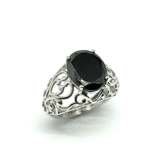 Gemstone Ring, sz5.5 Pre-owned Unique Oval Black Gem Sterling Silver Filigree Ring  - Blingschlingers Jewelry