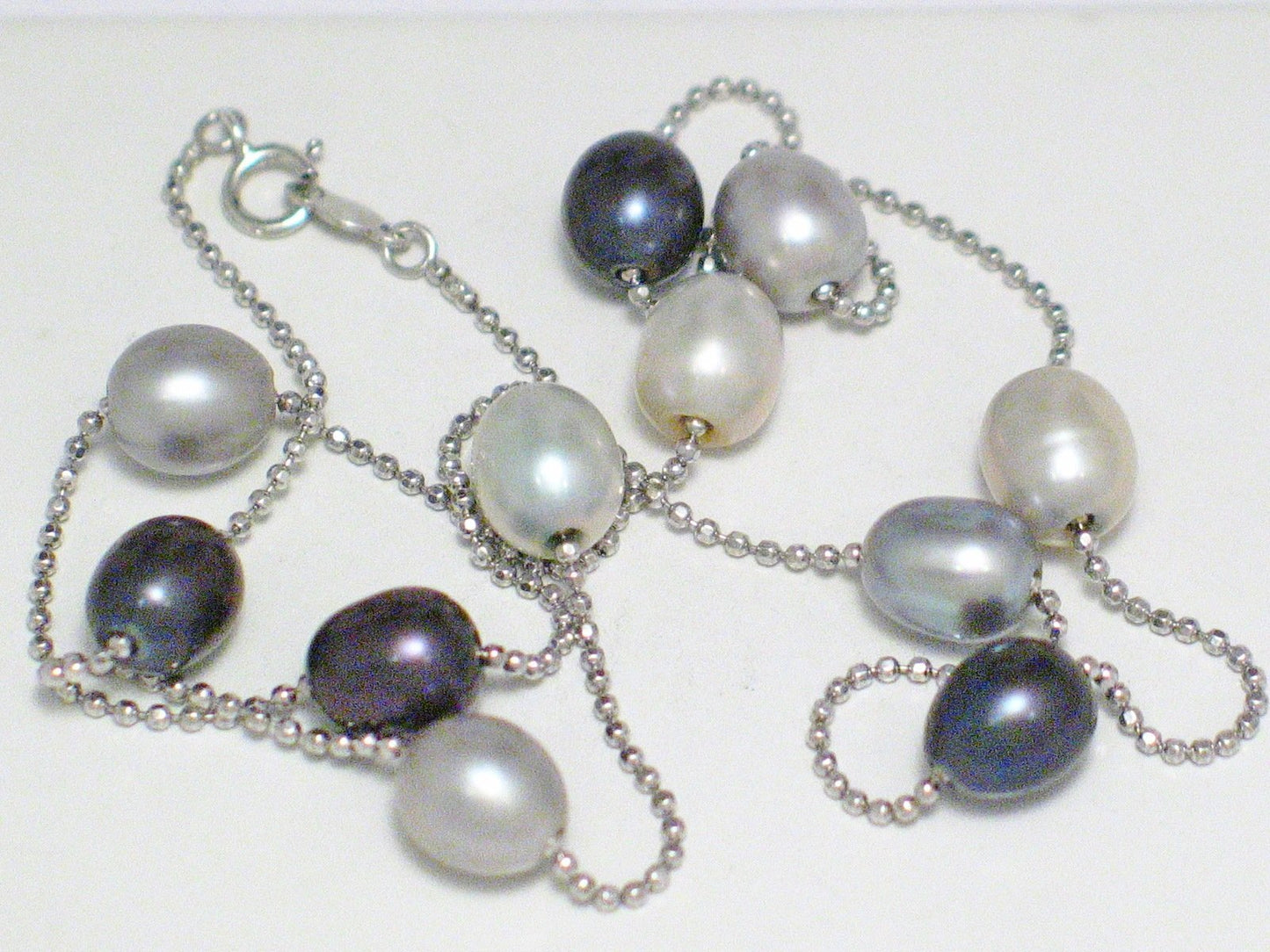 Pearl Necklace, Sterling Silver Disco Ball Chain Station Necklace