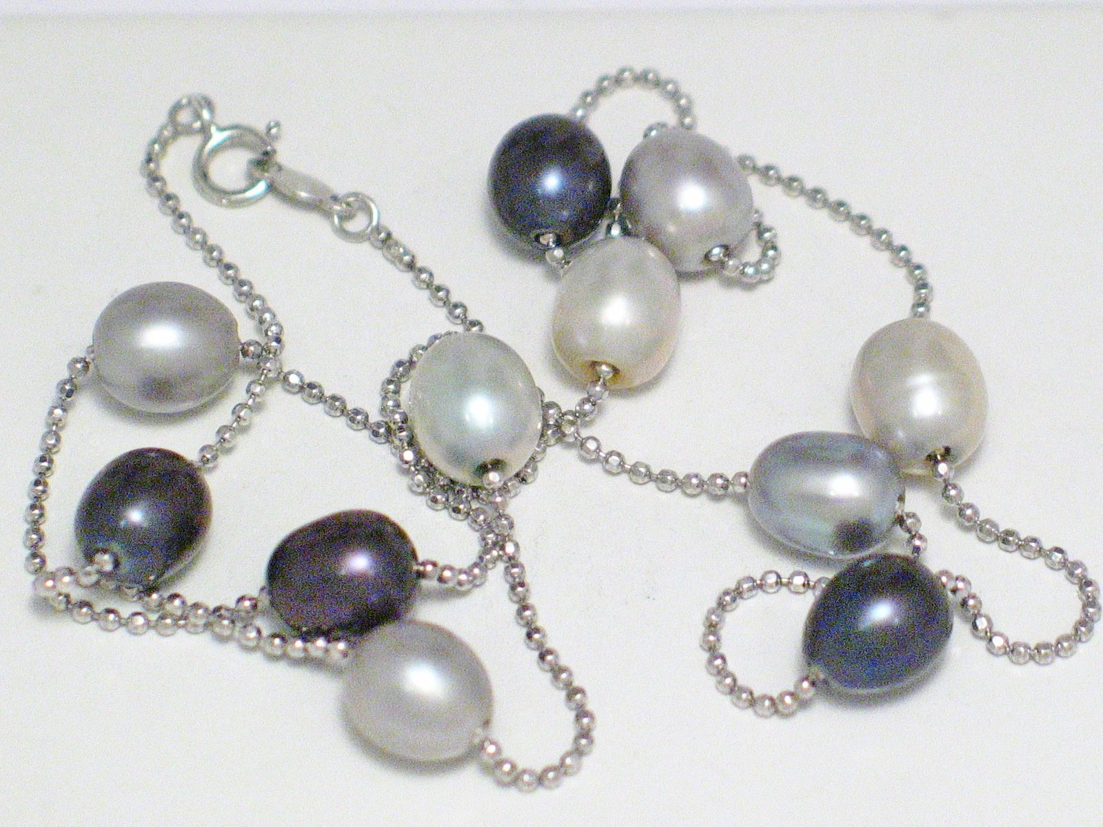 Pearl Necklace, Sterling Silver Disco Ball Chain Station Necklace