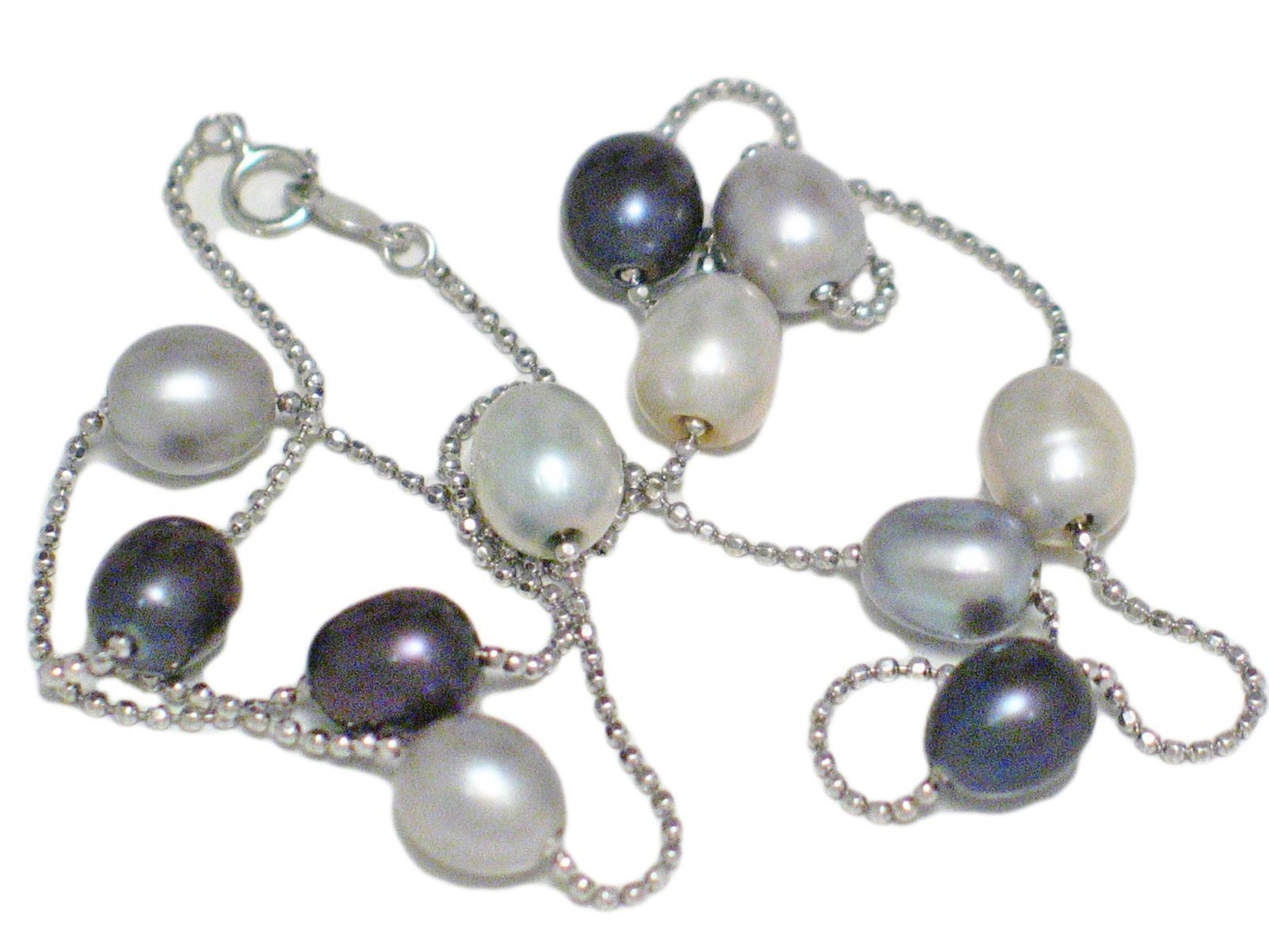 Pearl Necklace, Sterling Silver Disco Ball Chain Station Necklace