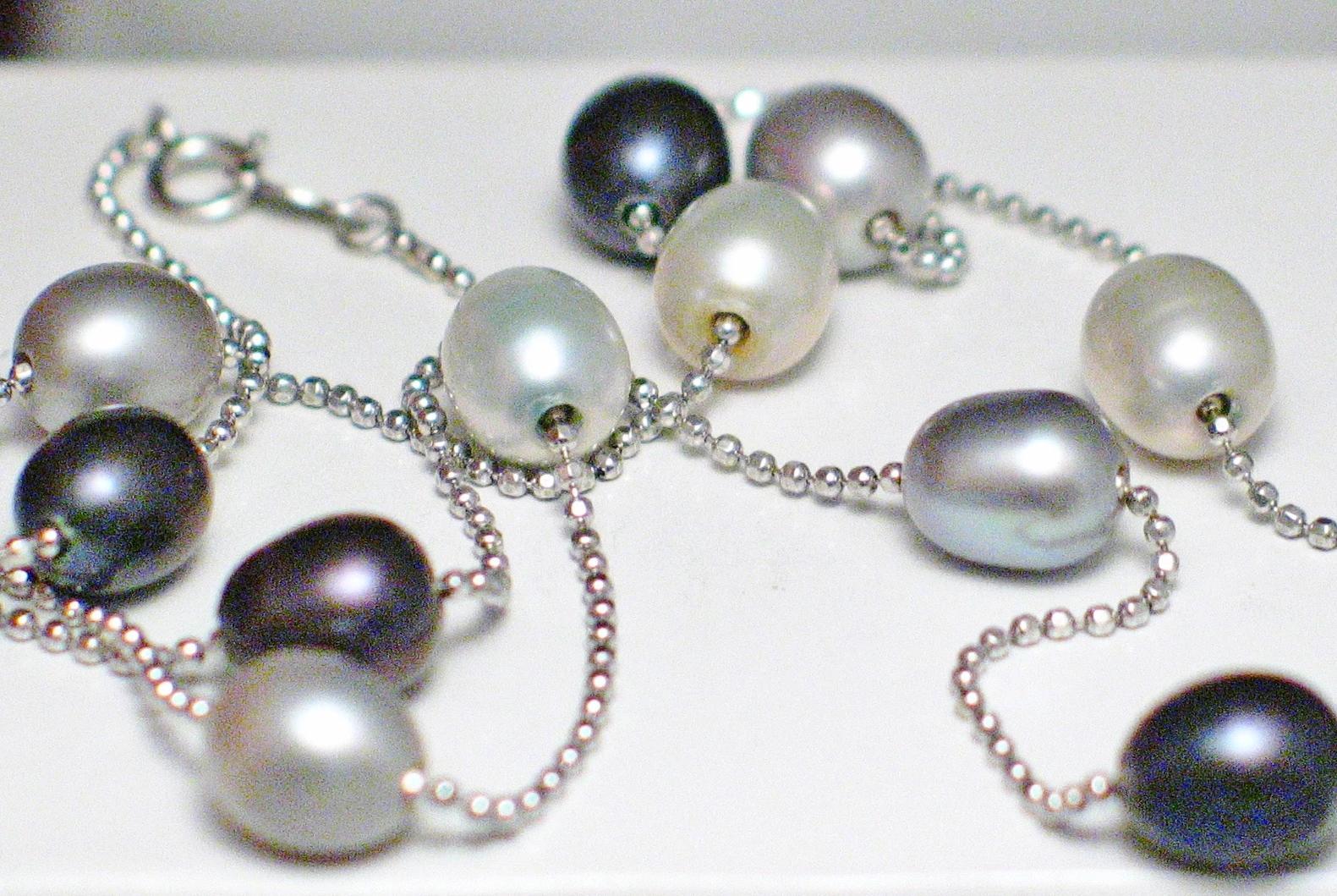 Pearl Necklace, Sterling Silver Disco Ball Chain Station Necklace