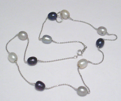 Peacock Pearl Necklace, Sterling Silver Disco Ball Chain Station Necklace