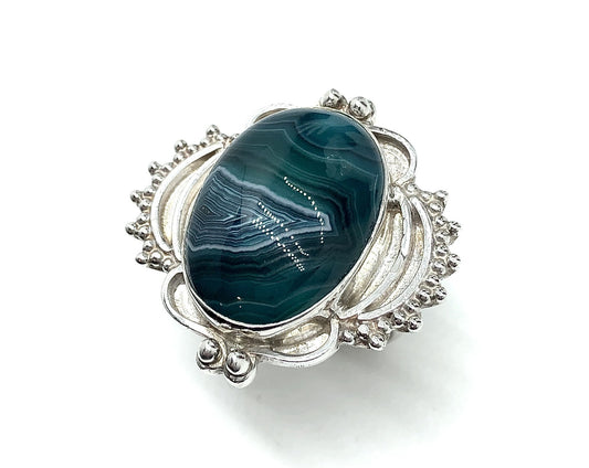 Big Ring, Sterling Silver Teal Green Bold Banded Agate Stone Statement Ring