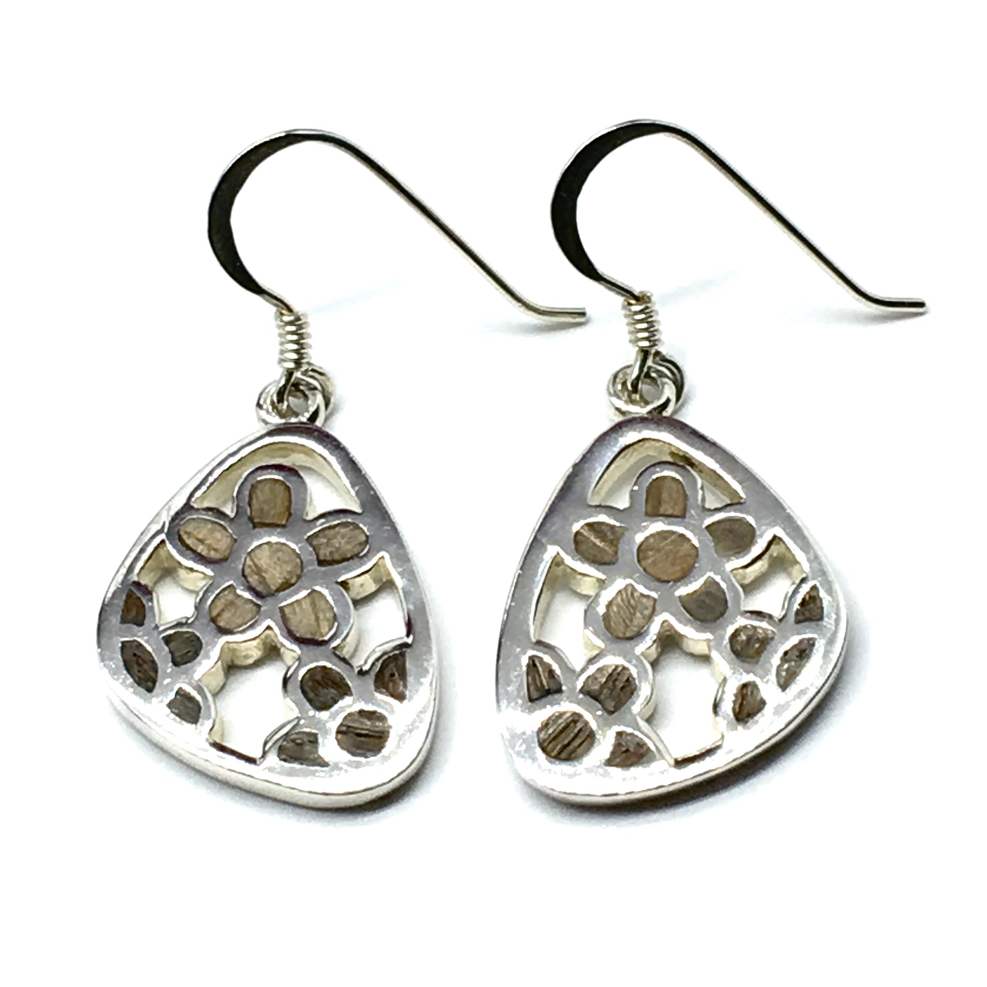 Silver Earrings | Sterling Silver Flower Design Natural Wood Inlay Dangle Earrings | Womens Jewelry