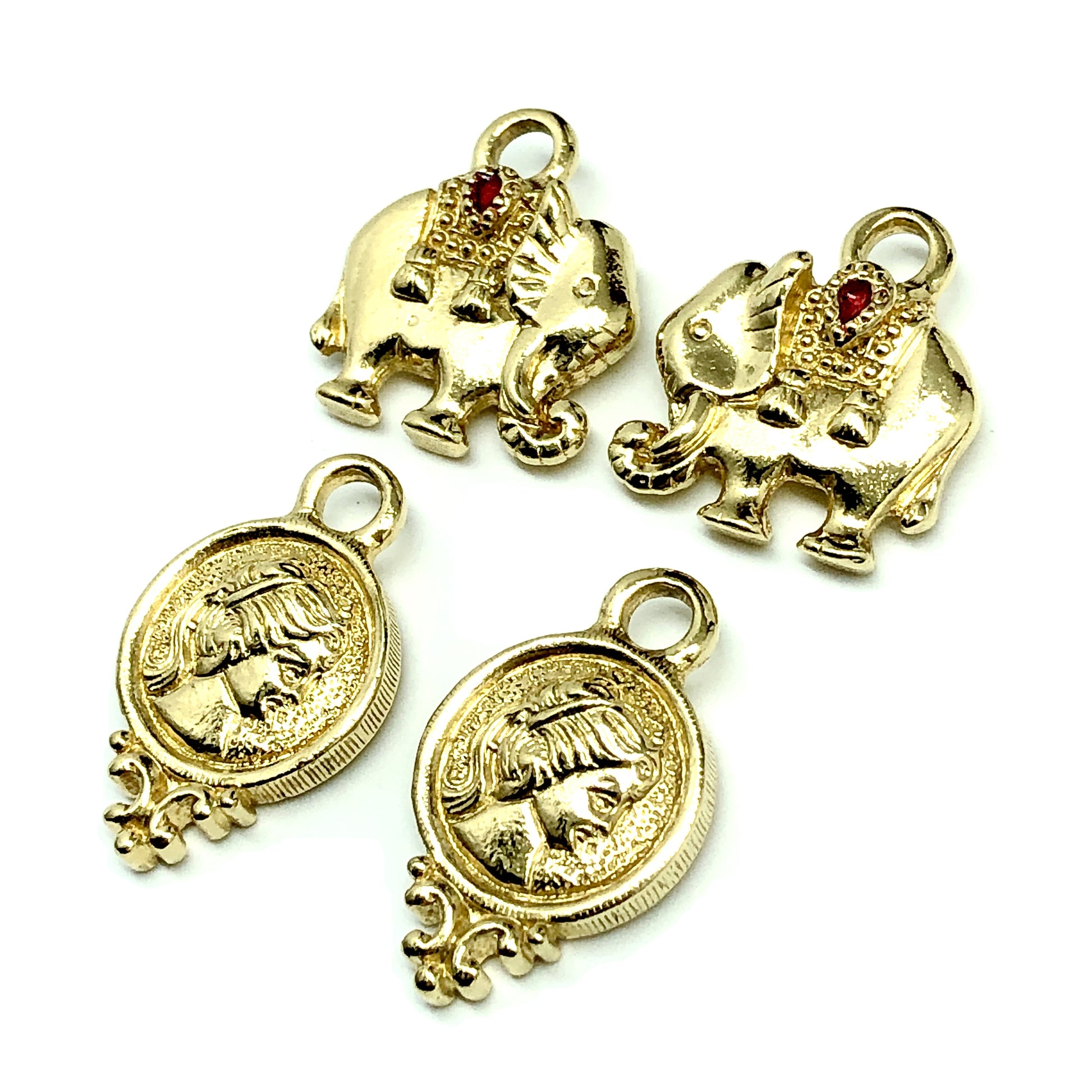 4 Charm Lot, Gold Elephants & Womans Head Profile Charms | Findings