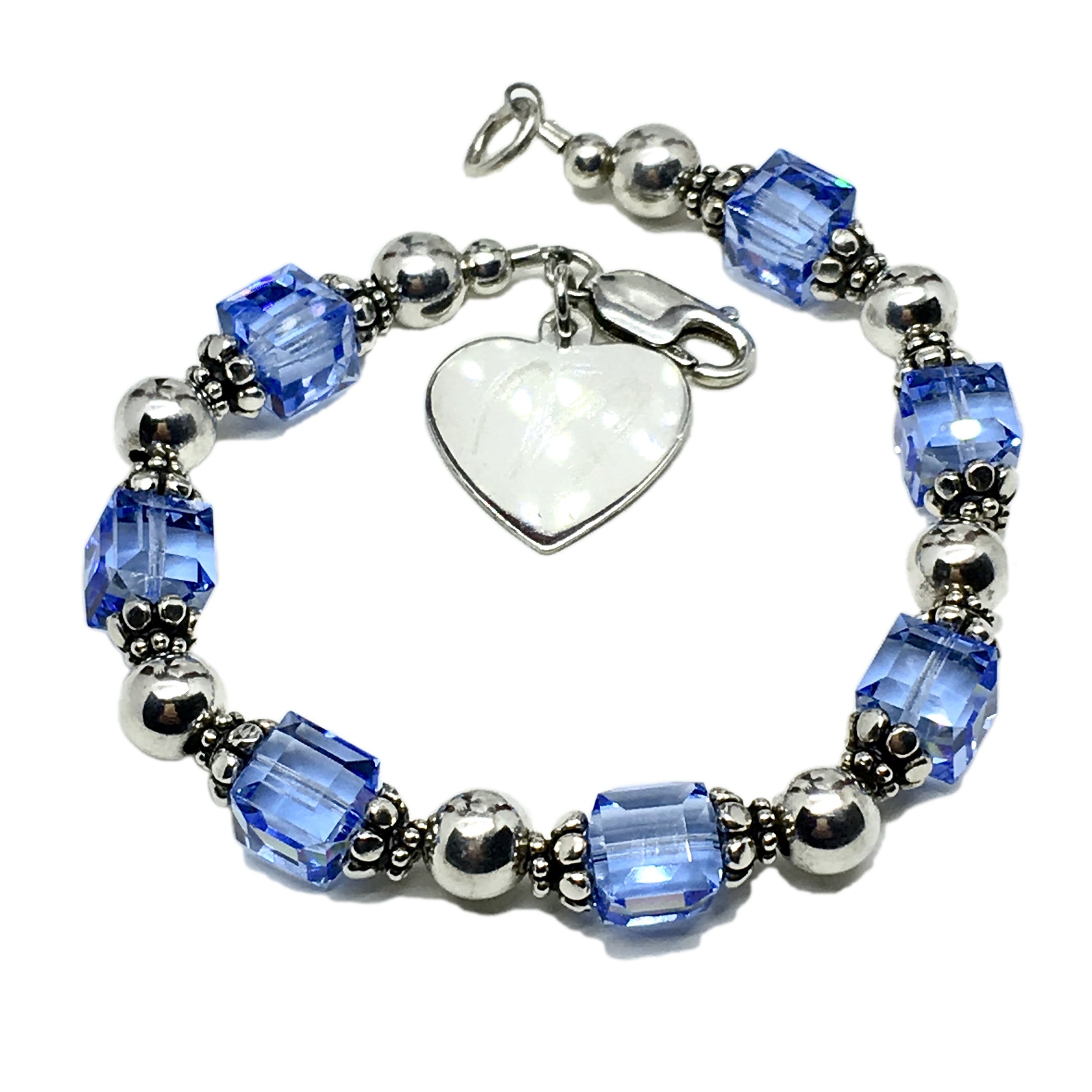 Jewelry used | Sterling Silver Heart Charm Blue Crystal Bead Bracelet 6.75