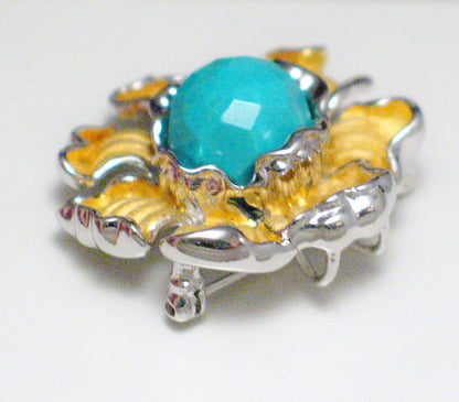 Brooch, Sterling Silver Turquoise Stone Flower Design Convertible Pin to Pendant