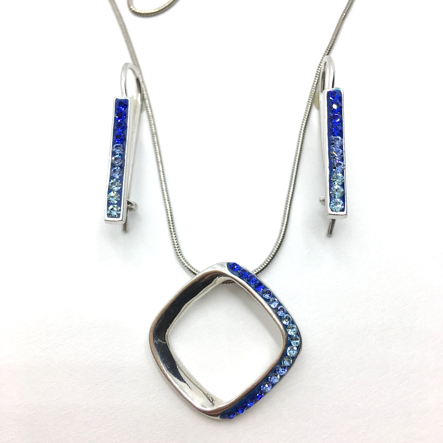 Jewelry Womens - Sterling Silver Blue Ombre Crystal Earrings Pendant Necklace Matching Set 