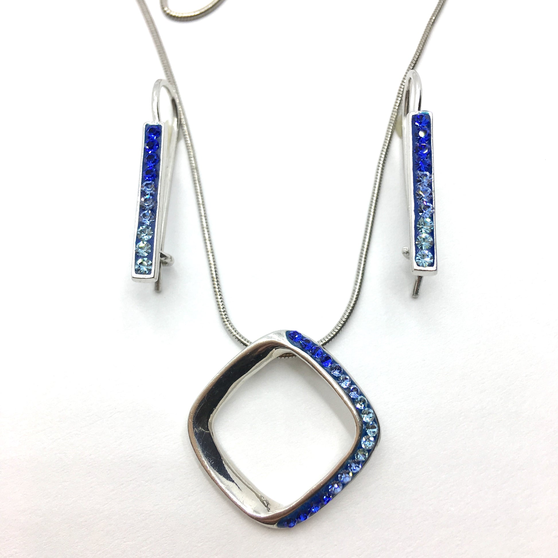 Jewelry Womens - Sterling Silver Blue Ombre Crystal Earrings Pendant Necklace Matching Set 
