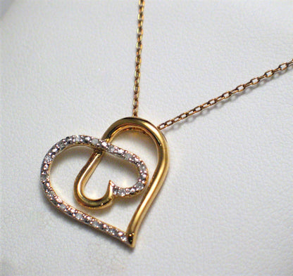 Gold Sterling Silver Necklace, woman's Diamond Heart Charm Necklace