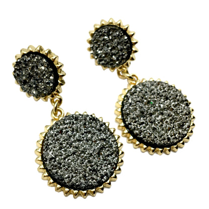 Womens Earrings | Edgy Flair Gold Metallic Black Druzy Circle Dangle Earrings