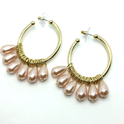 Gold Hoop Earrings Dangling Pink Pearl Charm Oval Hoop Earrings