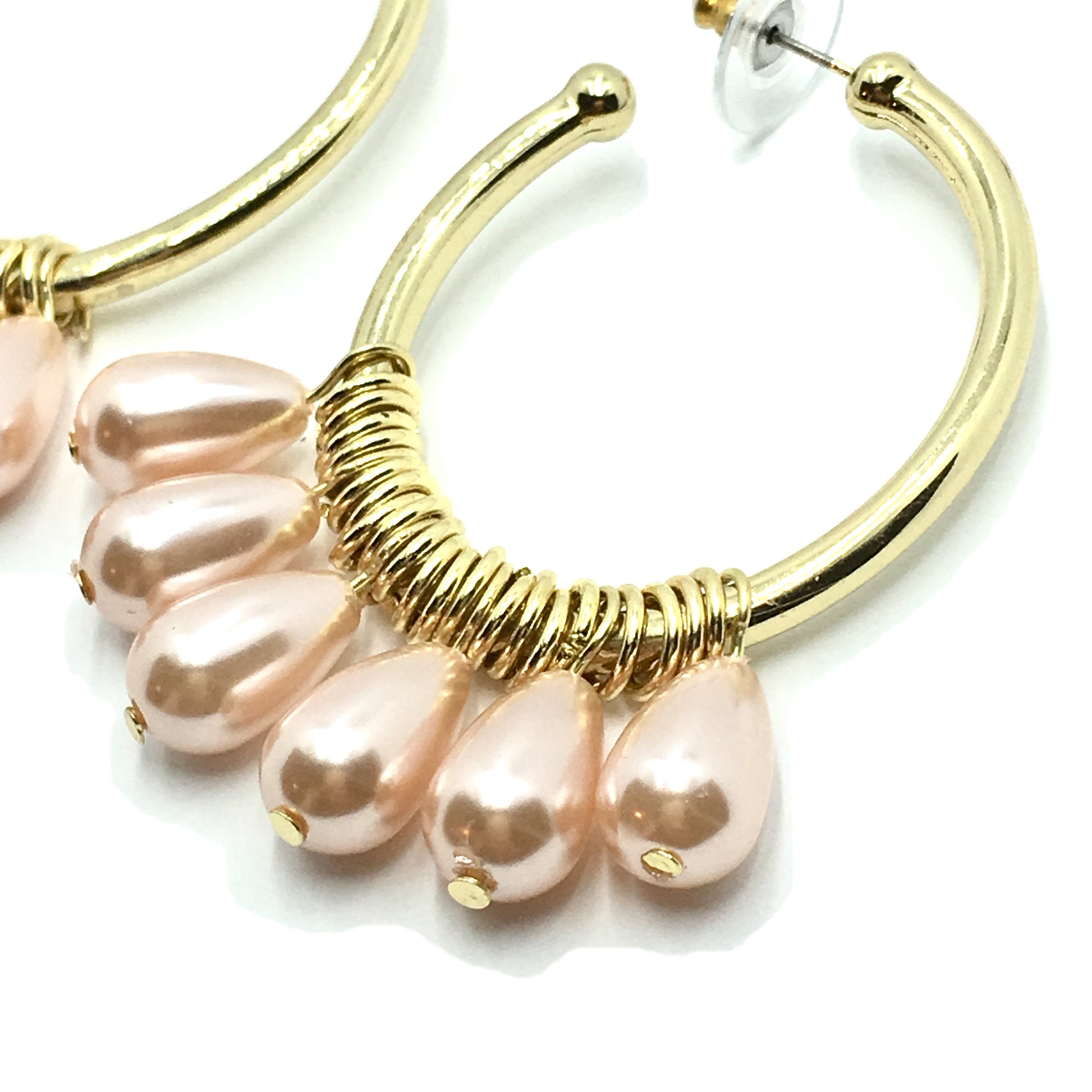 Gold Hoop Earrings Dangling Pink Pearl Big Oval Hoop Earrings