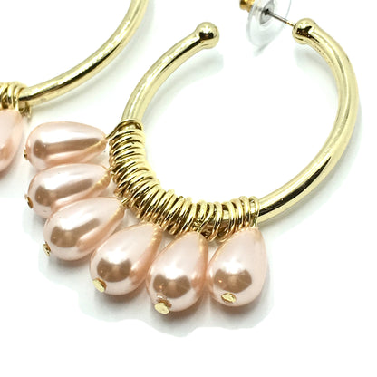 Gold Hoop Earrings Dangling Pink Pearl Big Oval Hoop Earrings