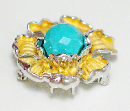 Brooch, Sterling Silver Turquoise Stone Flower Design Convertible Pin to Pendant