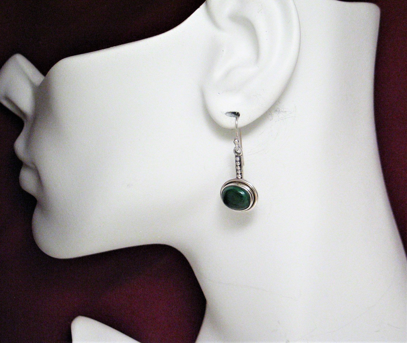 Dangle Earrings, Sterling Silver Deep Forest Green Malachite Stone Pendulum Drop Earrings