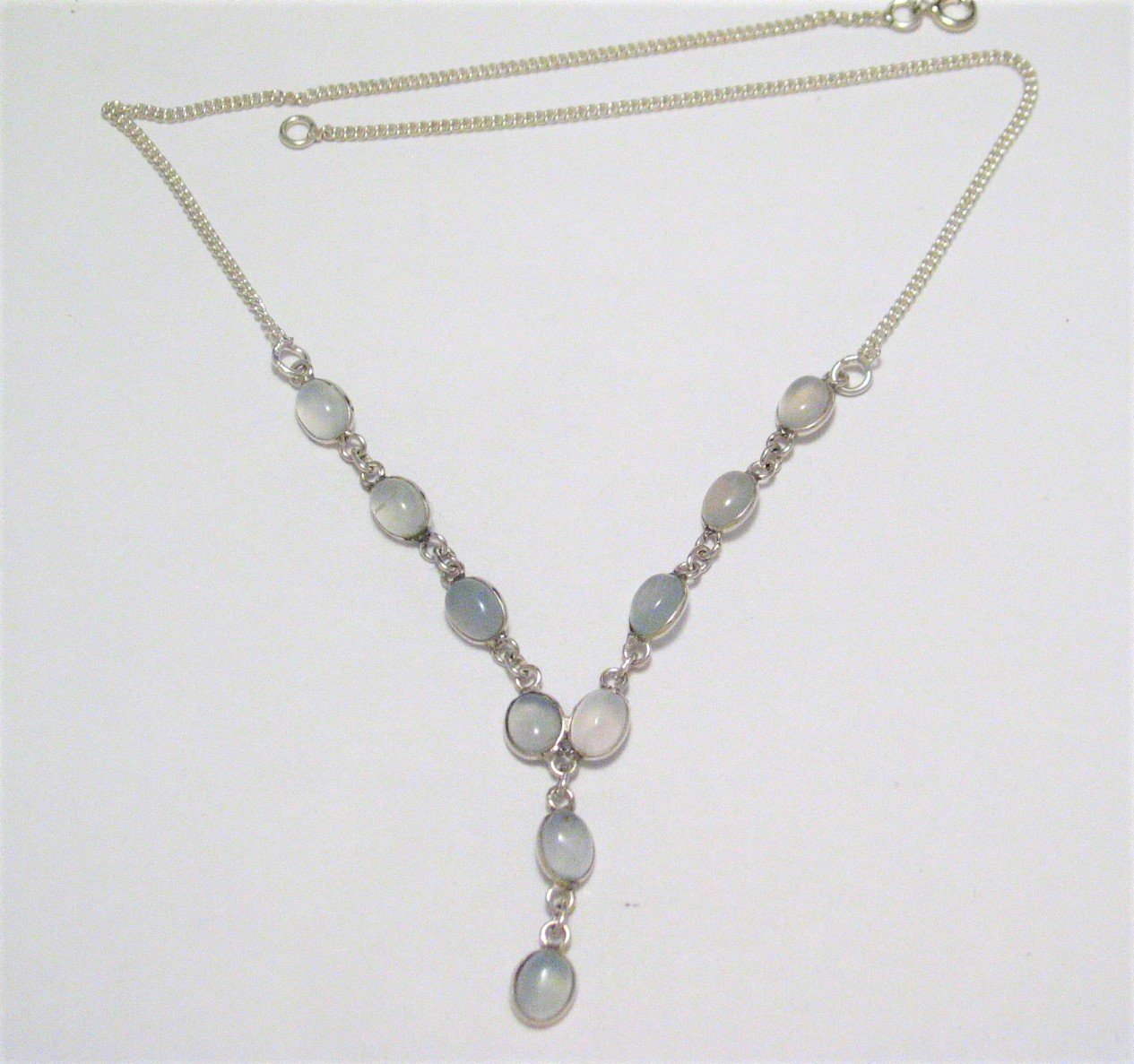 Tennis Necklace, Sterling Silver 16.75" Baby Blue Gray Chalcedony Stone Y-Necklace