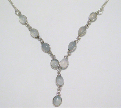 Tennis Necklace, Sterling Silver 16.75" Baby Blue Gray Chalcedony Stone Y-Necklace - Blingschlingers Jewelry