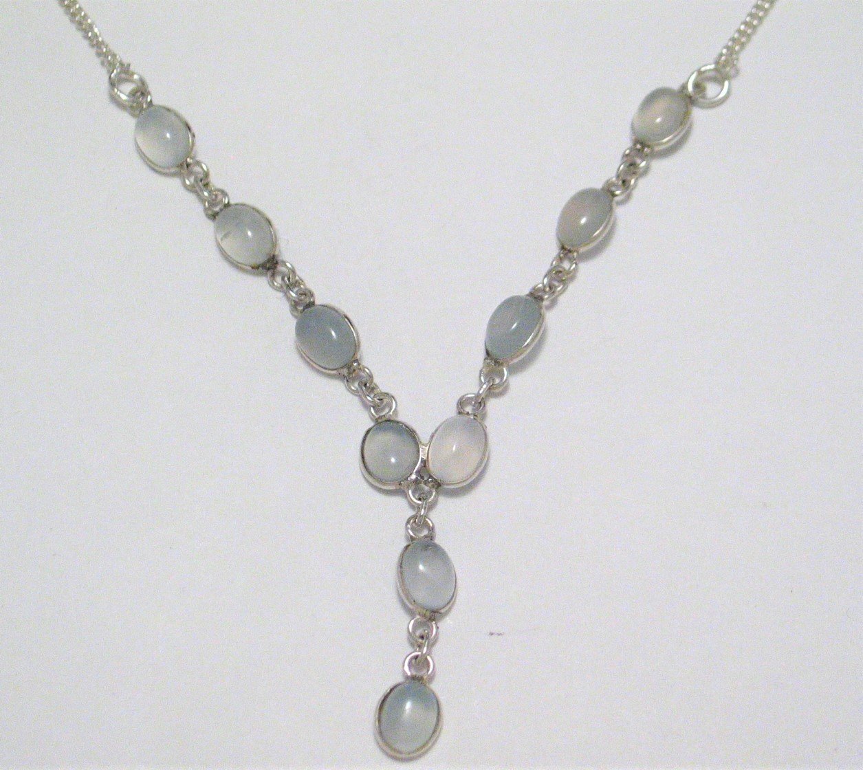 Tennis Necklace, Sterling Silver 16.75" Baby Blue Gray Chalcedony Stone Y-Necklace - Blingschlingers Jewelry