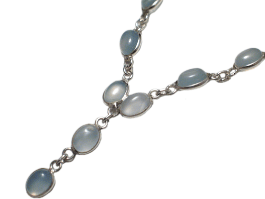 Tennis Necklace, Sterling Silver 16.75" Baby Blue Gray Chalcedony Stone Y-Necklace - Blingschlingers Jewelry