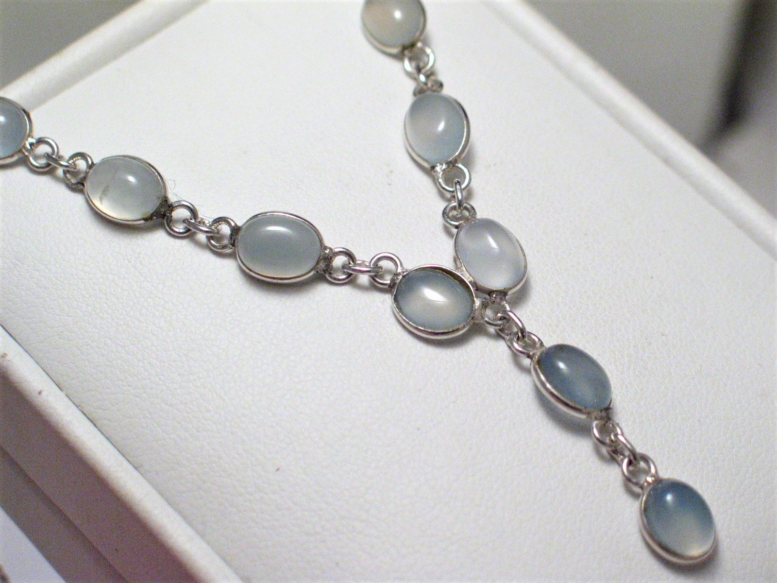 Tennis Necklace, Sterling Silver 16.75" Baby Blue Gray Chalcedony Stone Y-Necklace