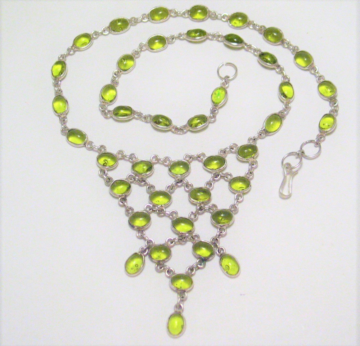 Tennis Necklace, Sterling Silver 17.25" Limon Green Oval Stone Waterfall Tassel Necklace