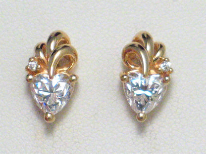 Stud Earrings, Shimmery Cz Heart & Billowy Plume Design 14k Gold Earrings - Blingschlingers Jewelry
