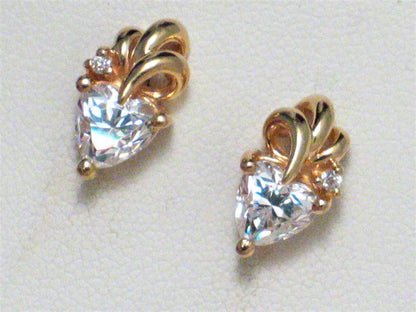 Stud Earrings, Shimmery Cz Heart & Billowy Plume Design 14k Gold Earrings - Blingschlingers Jewelry
